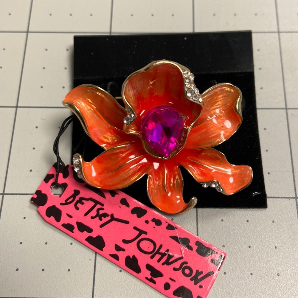 Rhinestone Enameled Orchid Betsey Johnson Brooch 1 3/4” #60